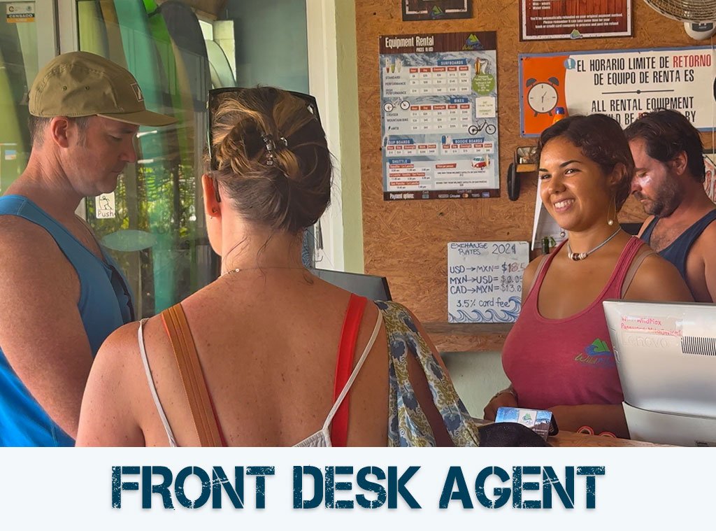 Front desk agent welcoming guests at WildMex office in Nayarit, Mexico.